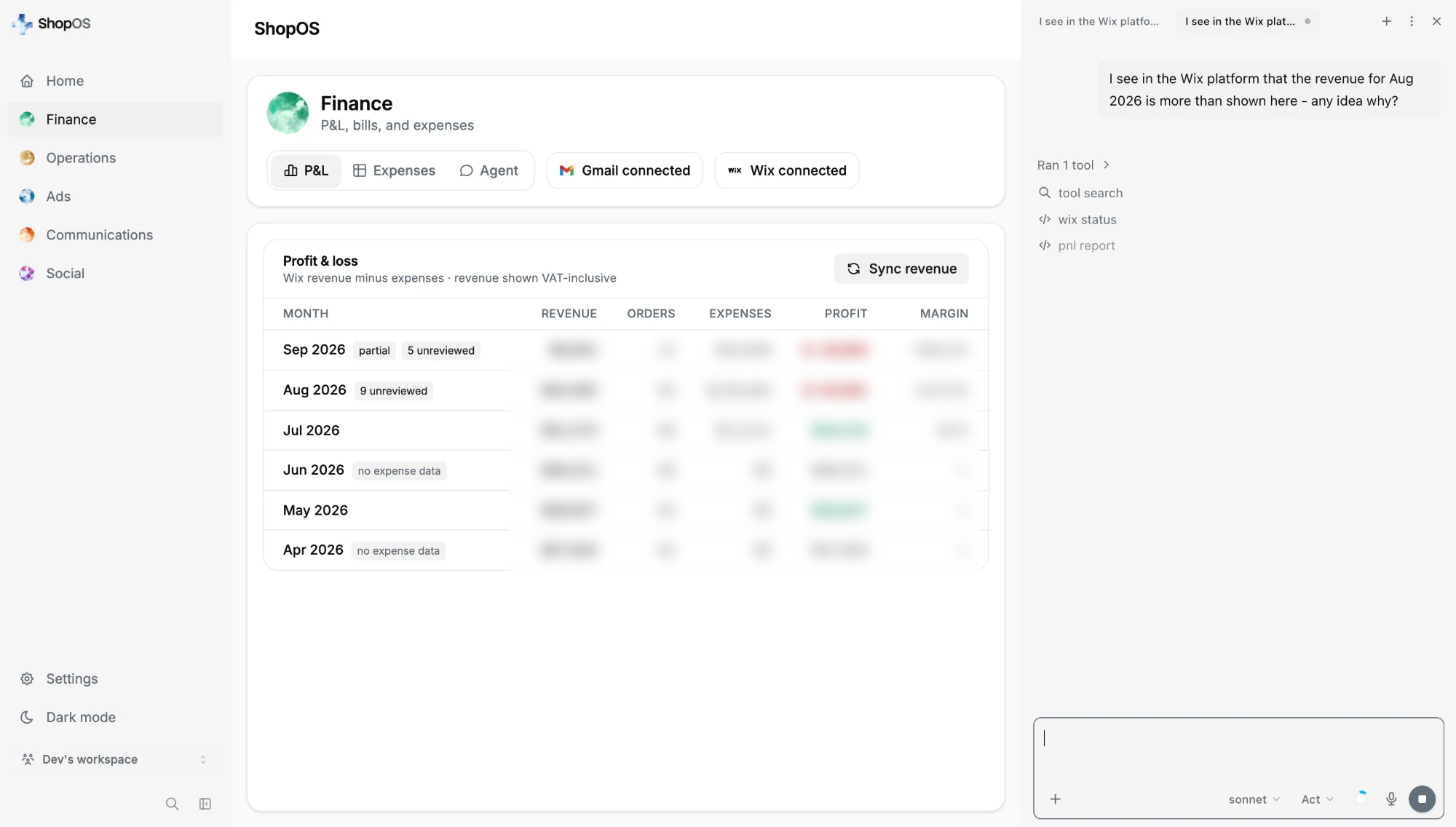 ShopOS Finance screen: profit and loss by month, with the agent chat open